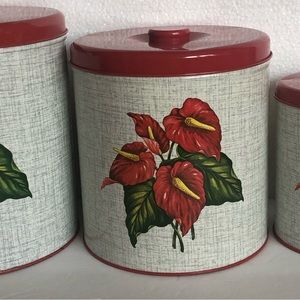 Set 3 Vtg 1950s Decoware Tin Metal Red Authurium Nesting Canisters